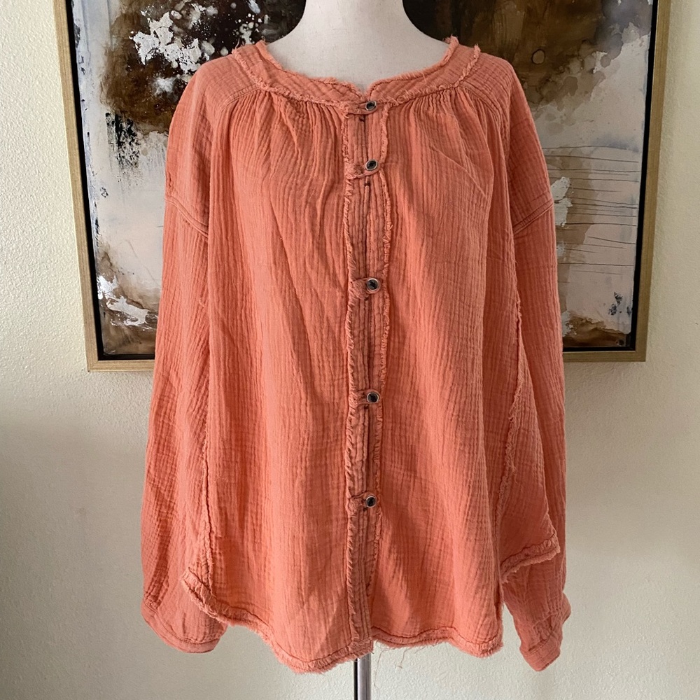 Free People We The Free Moving mountains button down top size S 100% cotton ~